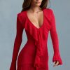 Ruffle-Trim Pointelle-Knit Mini Dress in Scarlet Red