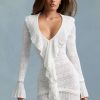 Ruffle-Trim Pointelle-Knit Mini Dress in White