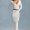 Ruffle-Trim Pointelle-Knit Midaxi Skirt in White