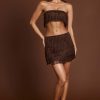Fringed Mid-Rise Mini Skirt in Chocolate Brown