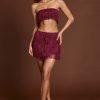 Fringed Mid-Rise Mini Skirt in Wine Red