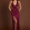 Fringed Plunge-Neck Maxi Dress in Wine Red
