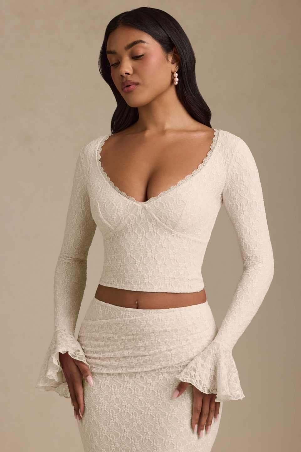 Ruffle Long-Sleeve Lace Top in Ivory