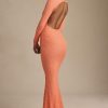 Ruched Backless Lace Maxi Dress in Peach