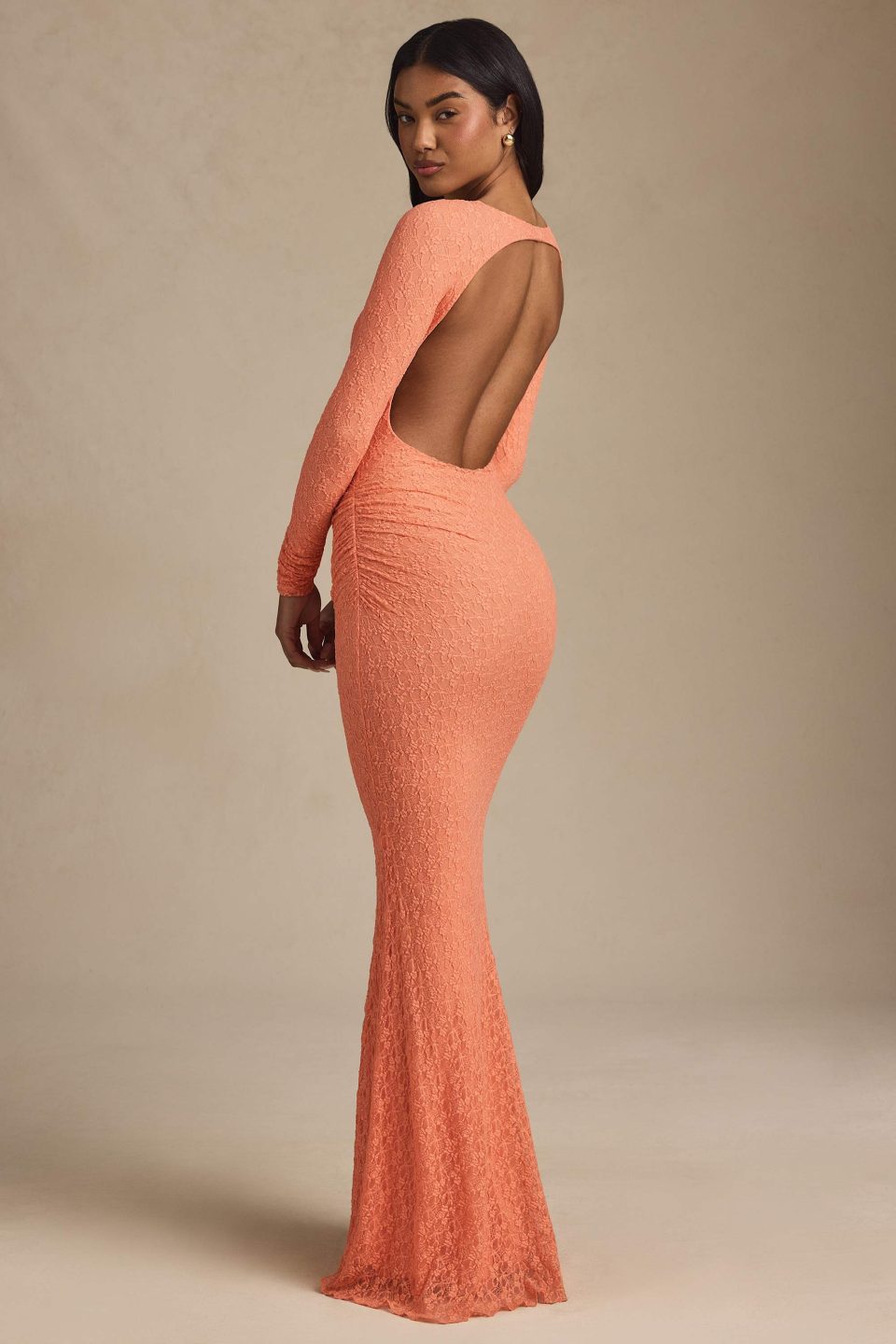 Ruched Backless Lace Maxi Dress in Peach