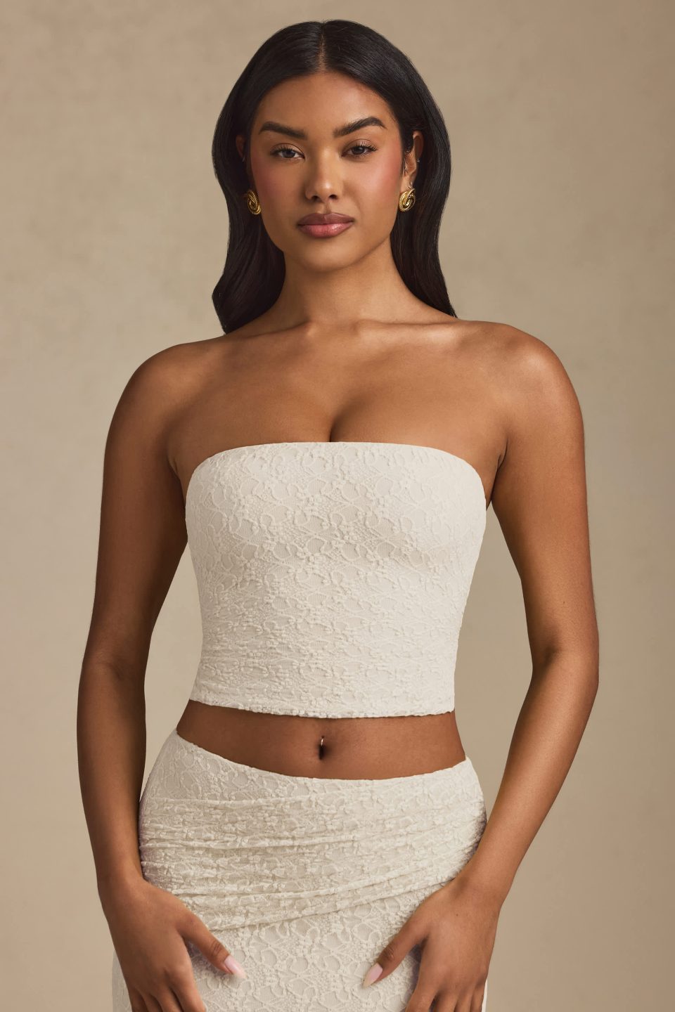 Ruched Strapless Lace Top in Ivory