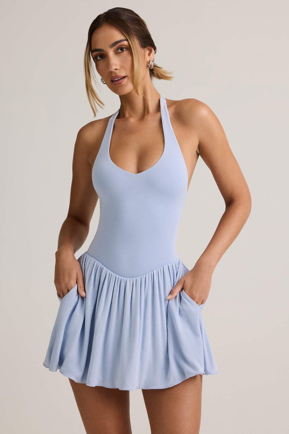 Modal Backless Halterneck Mini Dress in Light Blue