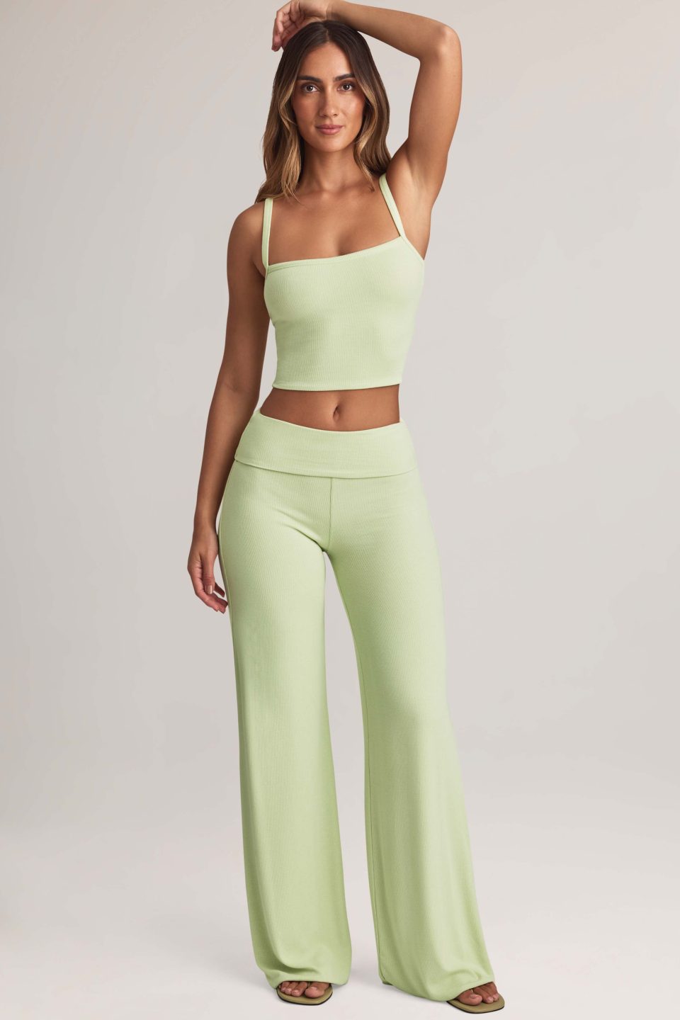 Modal Foldover Wide-Leg Trousers in Sage Green