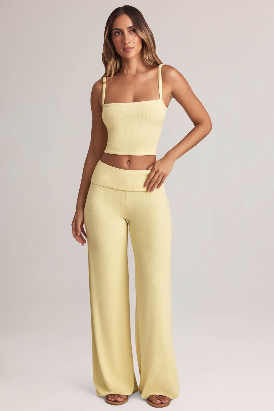 Modal Foldover Wide-Leg Trousers in Lemon Sherbet