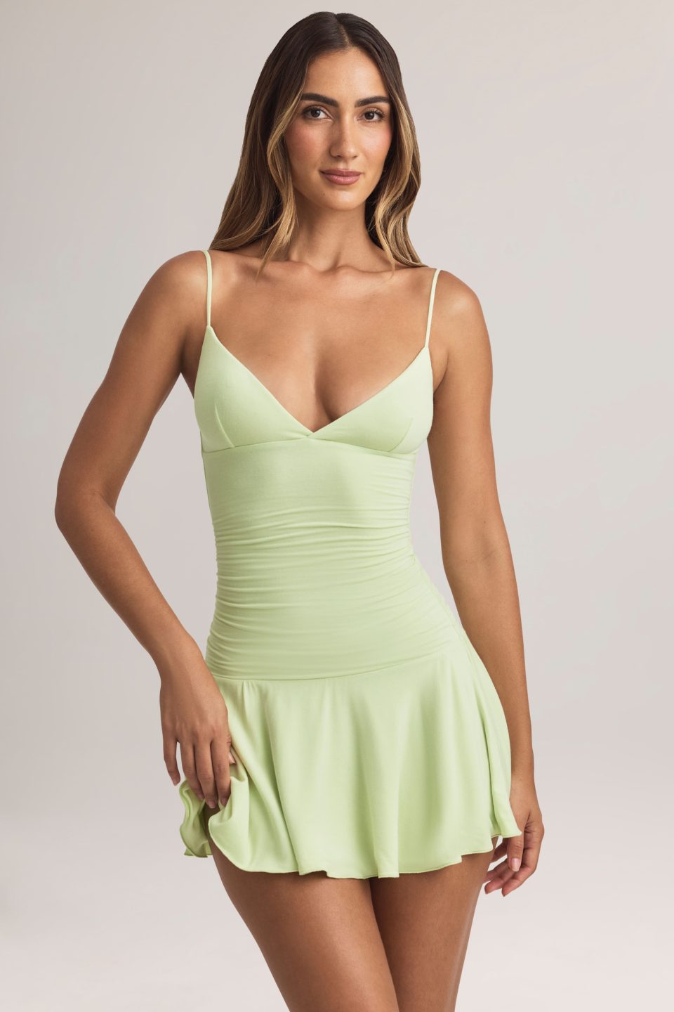 Modal Ruched A-Line Mini Dress in Sage Green