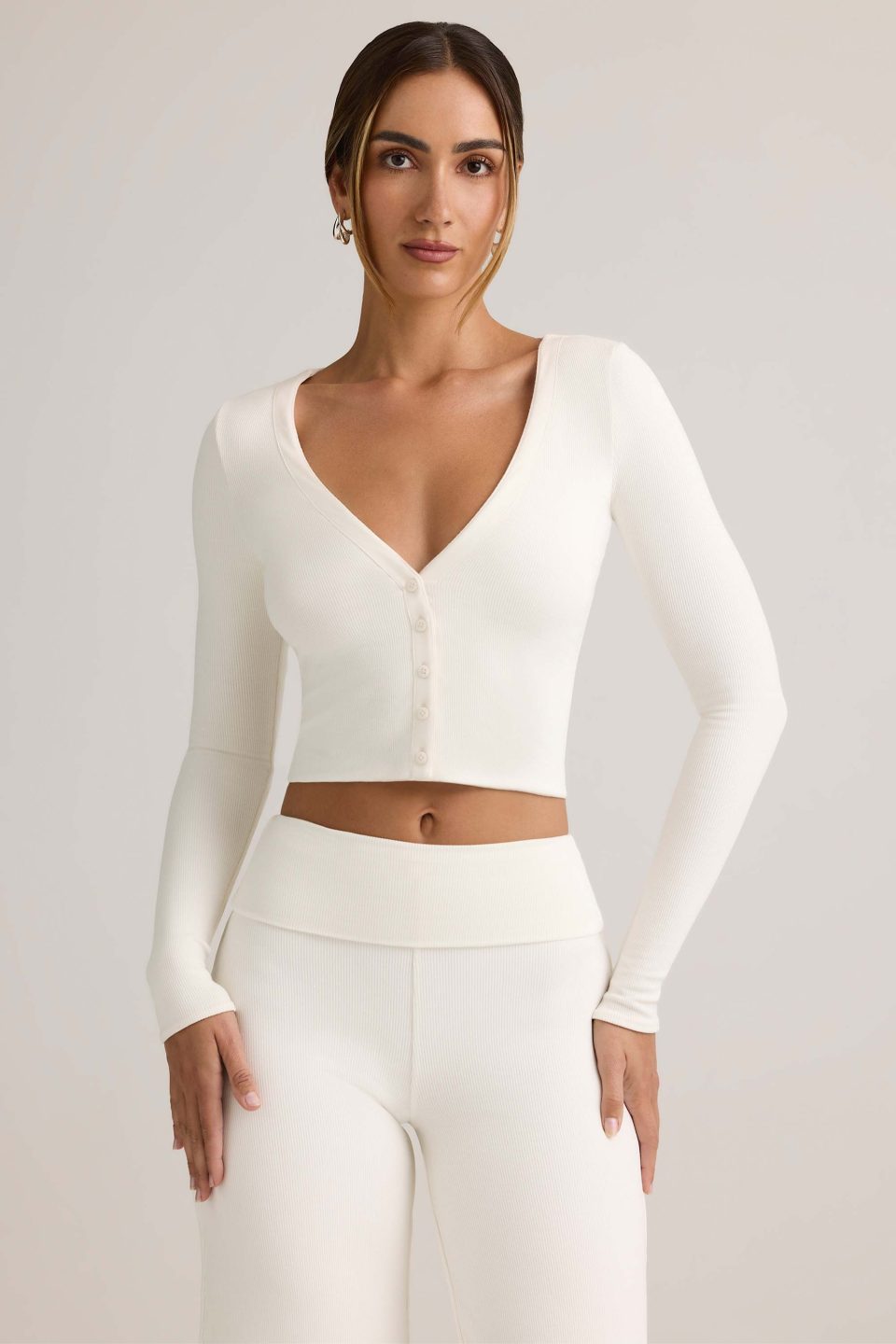 Modal Ribbed Cropped Cardigan in White