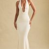 Ruched Backless Halterneck Gown in Ivory