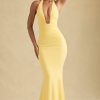Ruched Backless Halterneck Gown in Pastel Yellow