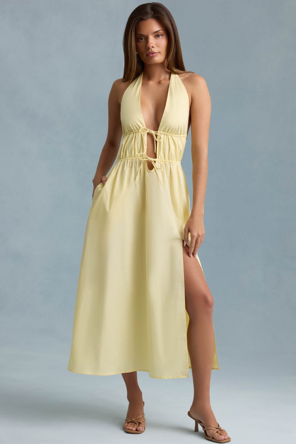 Backless Cotton-Poplin Midaxi Dress in Lemon Yellow