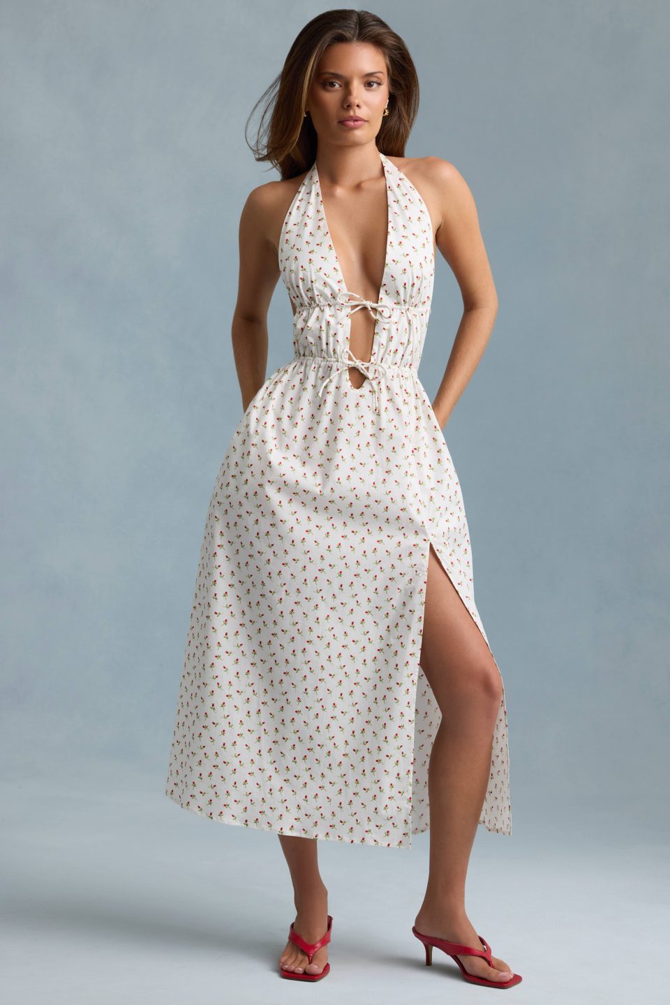 Backless Cotton-Poplin Midaxi Dress in Rose Print