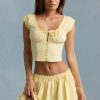 Ruched Cotton-Poplin Corset Top in Lemon Yellow