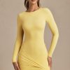Twist-Front Ruched Backless Mini Dress in Pastel Yellow