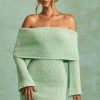 Bouclé Off-Shoulder Mini Dress in Mint