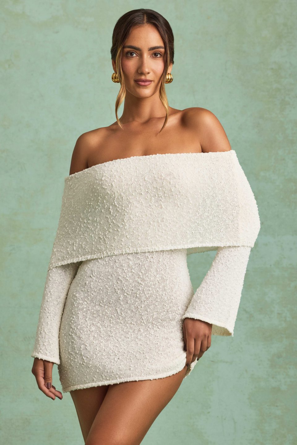 Bouclé Off-Shoulder Mini Dress in White