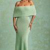 Bouclé Off-Shoulder Maxi Dress in Mint