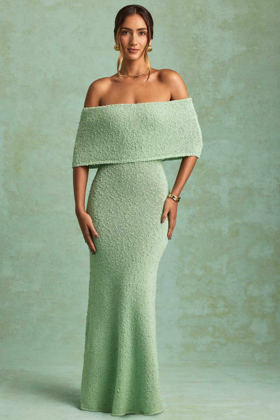 Bouclé Off-Shoulder Maxi Dress in Mint