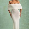 Bouclé Off-Shoulder Maxi Dress in White