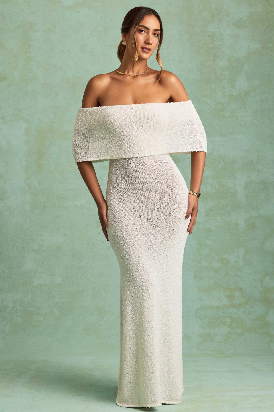 Bouclé Off-Shoulder Maxi Dress in White