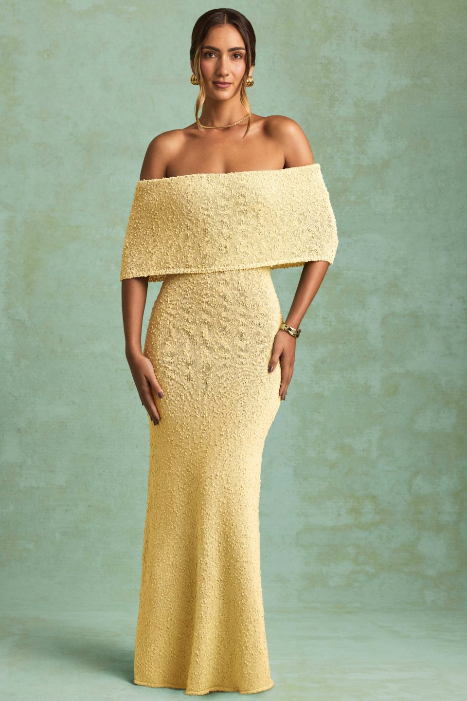 Bouclé Off-Shoulder Maxi Dress in Yellow