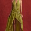 Asymmetric Halterneck Maxi Dress in Olive Green