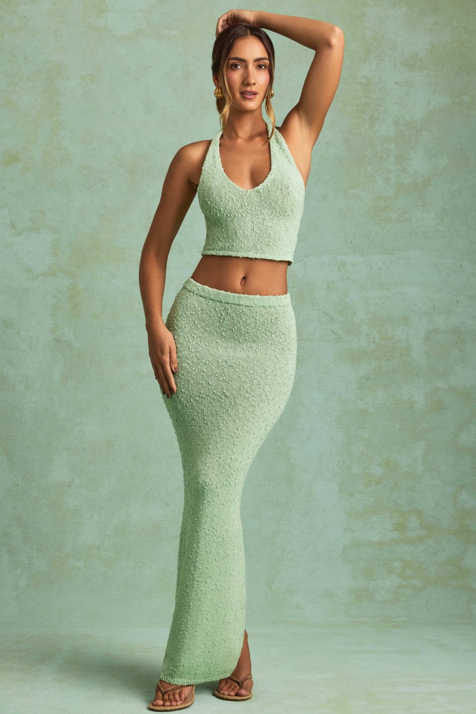 Bouclé Mid-Rise Maxi Skirt in Mint
