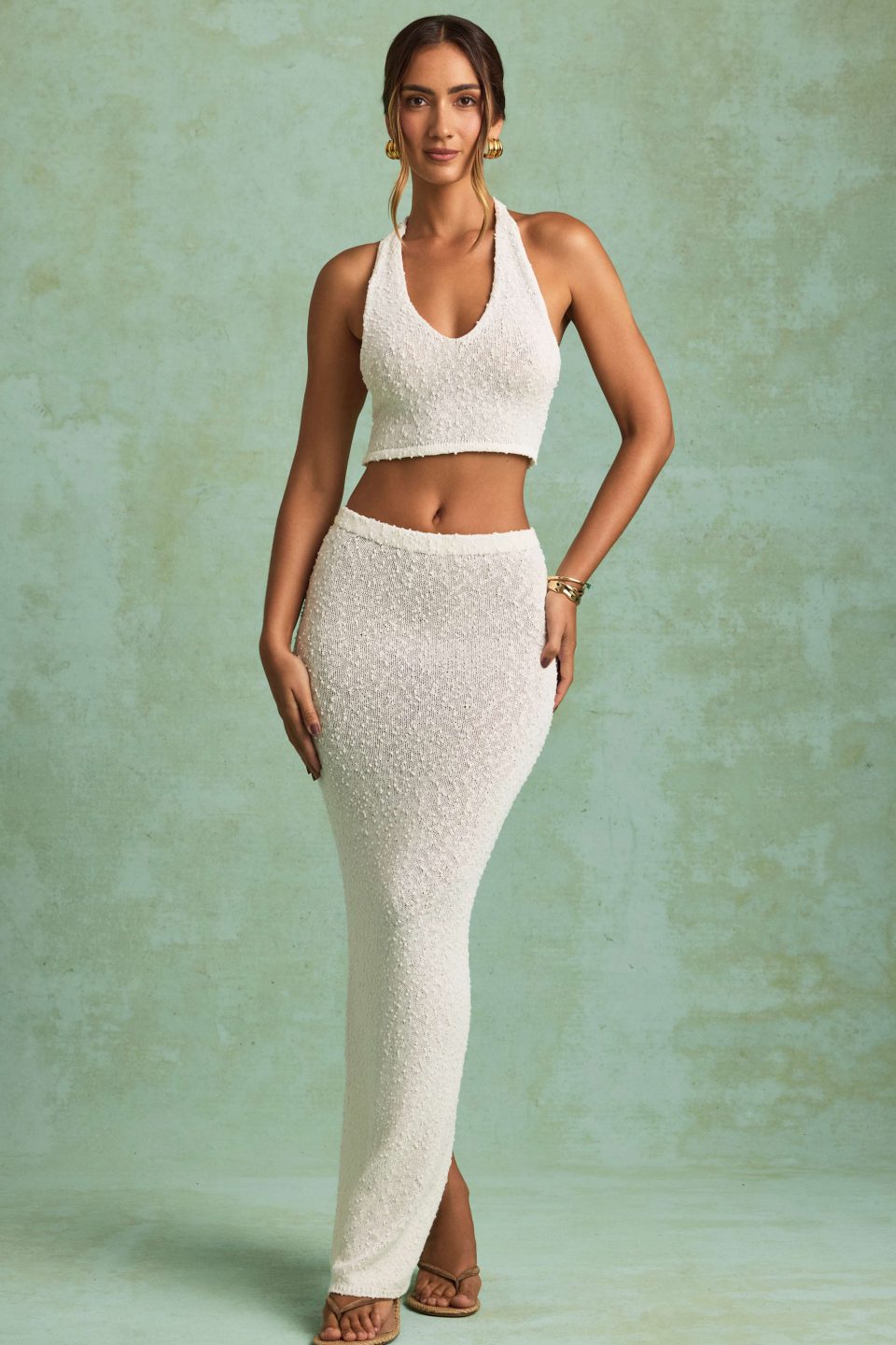 Bouclé Mid-Rise Maxi Skirt in White