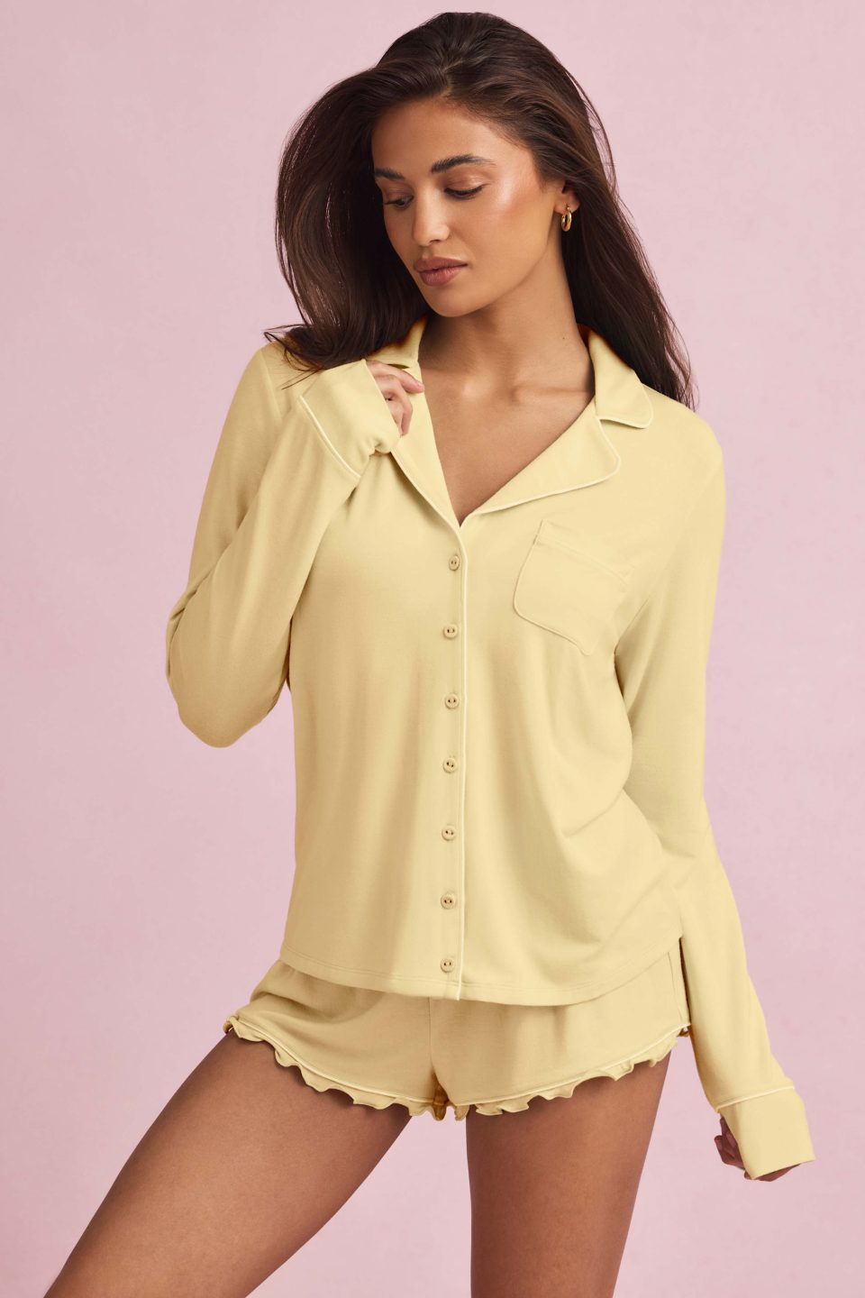 Modal Long-Sleeve Pyjama Top in Pastel Yellow