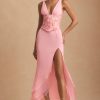 Embellished Plunge Ruffled Corset Maxi Dress in Pink