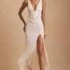 Embellished Plunge Ruffled Corset Maxi Dress in Ivory