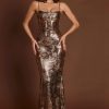 Embellished Straight-Neck Maxi Dress in Black Gold Foil
