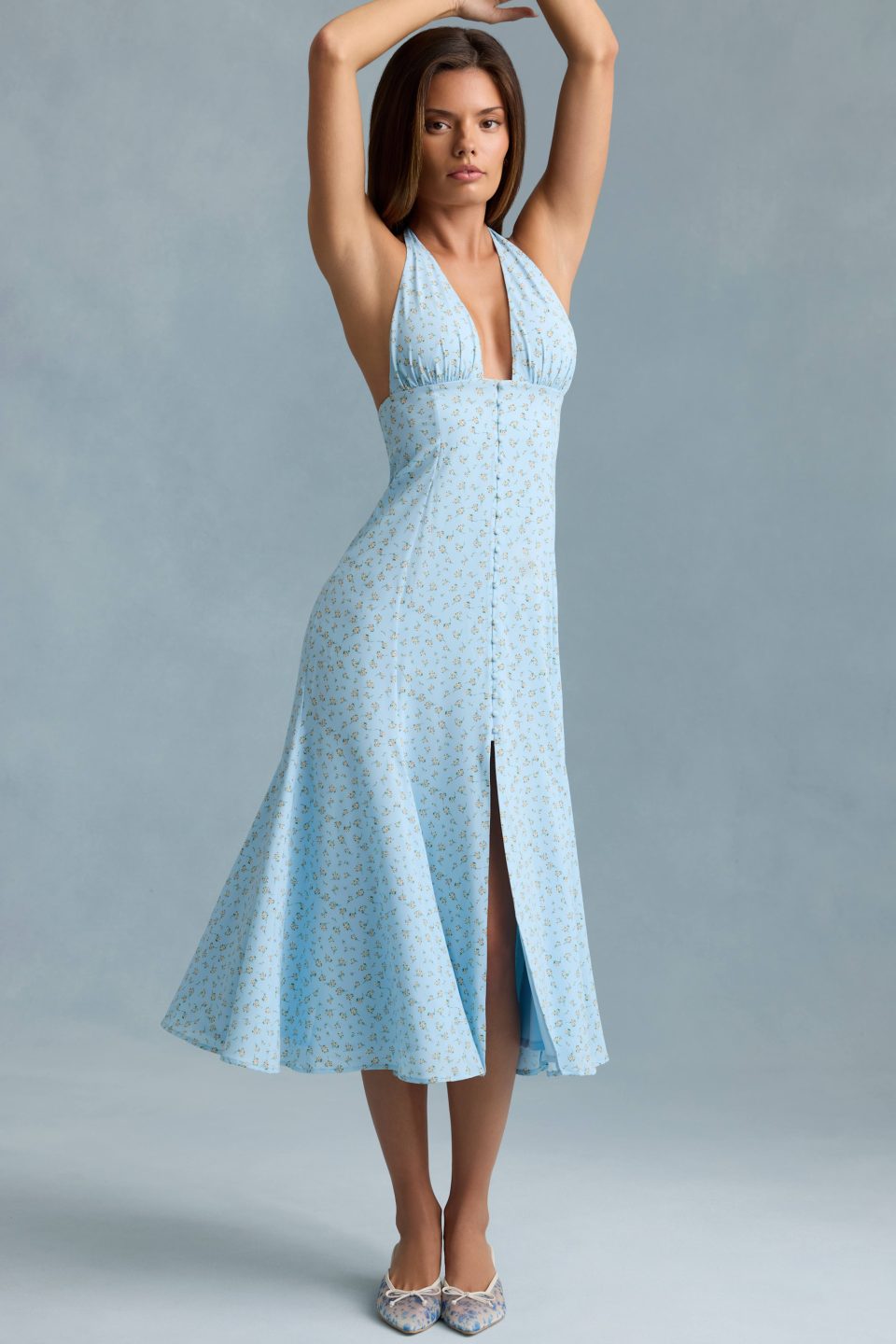Halterneck Midaxi Dress in Blue Flower Print