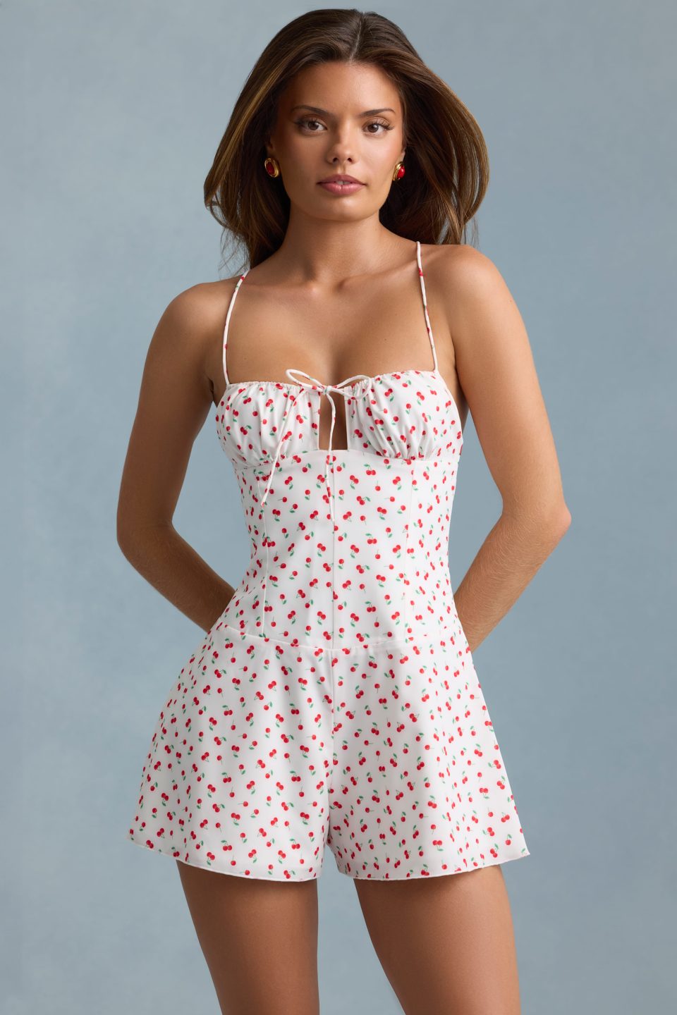 Ruched Backless Playsuit in Cherry Print