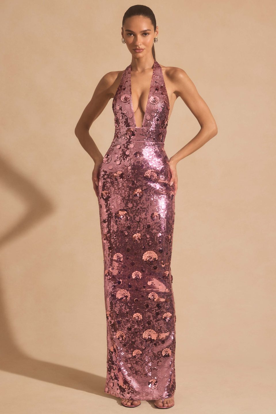Sequin-Embellished Halterneck Maxi Dress in Pink