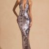 Sequin-Embellished Halterneck Maxi Dress in Silver