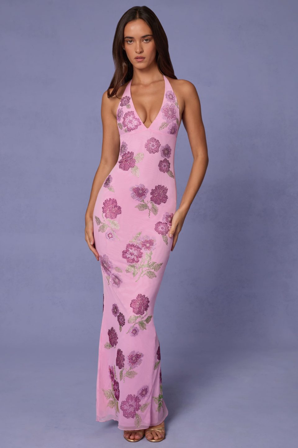 Embellished Halterneck Maxi Dress in Soft Pink