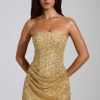 Embellished Bandeau A-Line Mini Dress in Gold