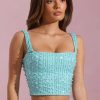 Embellished Square-Neck Crop Top in Aqua Blue