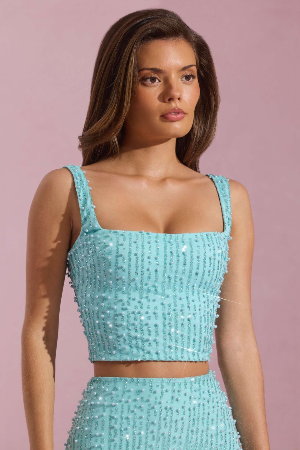 Embellished Square-Neck Crop Top in Aqua Blue