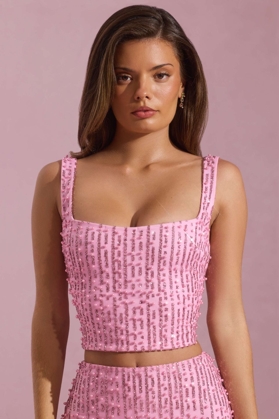 Embellished Square-Neck Crop Top in Pink