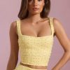 Embellished Square-Neck Crop Top in Yellow