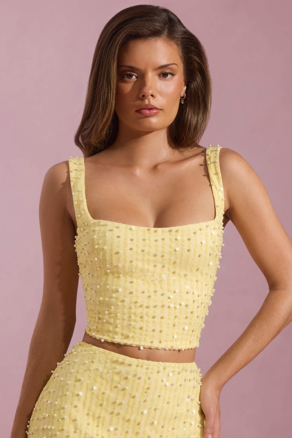Embellished Square-Neck Crop Top in Yellow