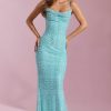 Embellished Cowl-Neck Backless Maxi Dress in Aqua Blue