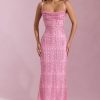 Embellished Cowl-Neck Backless Maxi Dress in Pink