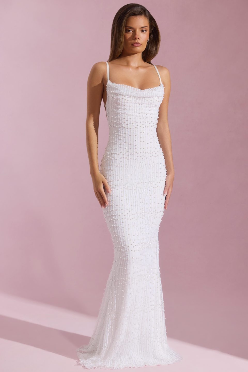 Embellished Cowl-Neck Backless Maxi Dress in White