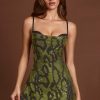 Embellished Cowl Neck A-line Mini Dress in Green Snake
